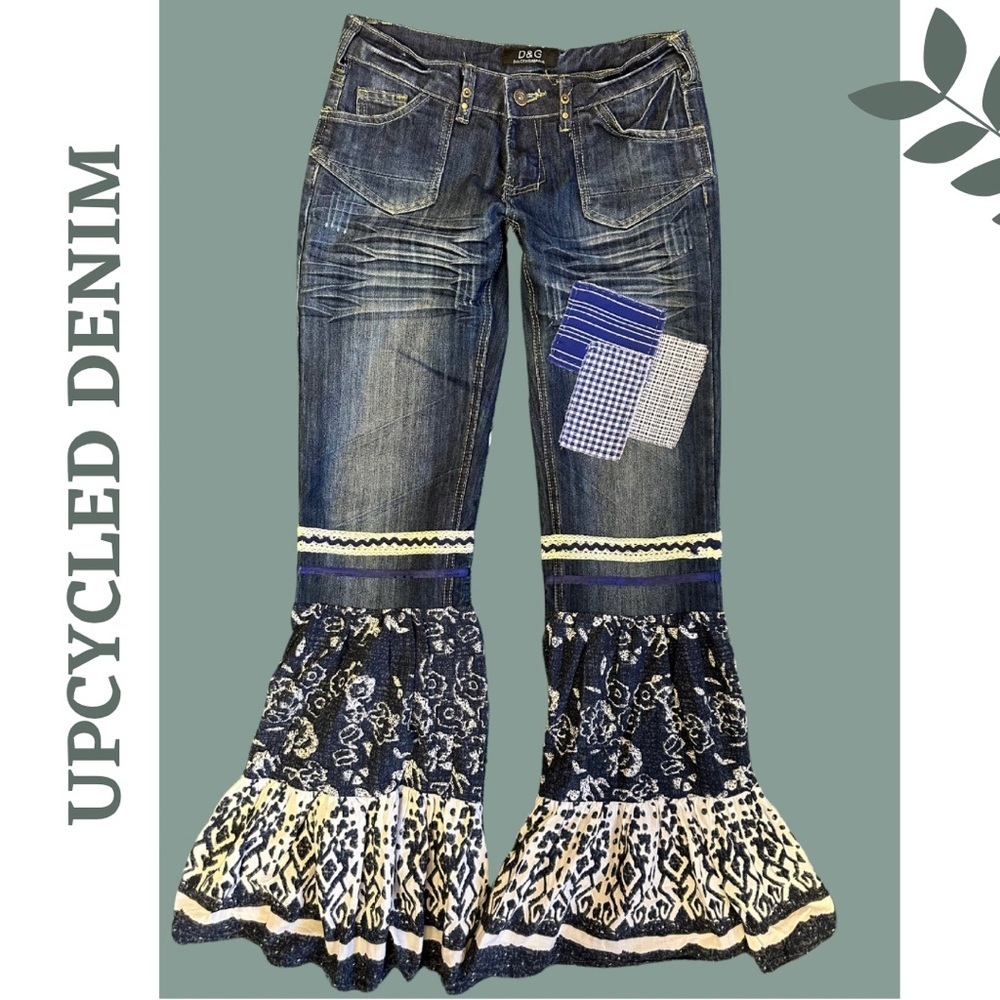Upcycled Denim Patchwork Flare Jeans Boho Y2K 27 - Picture 3 of 9